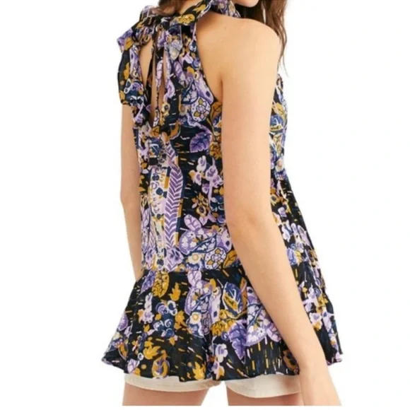 NEW FREE PEOPLE SUMMER TULUM TUNIC PURPLE/GOLD FLORAL OPEN BACK SIZE XS/S NWT - Picture 6 of 9